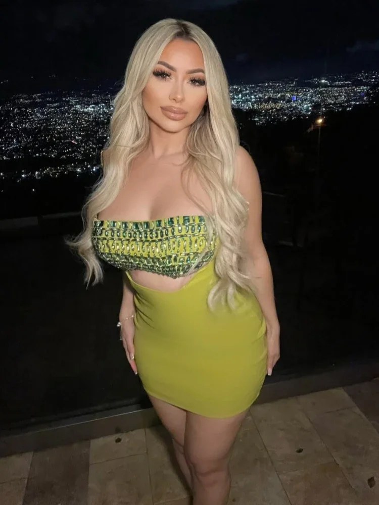 فستان مثير بدون حمالات مرصع بالألماس مزين بالترتر فستان نسائي أخضر بدون أكمام بدون ظهر مقصوص فستان حفلات مسائية للمشاهير #2