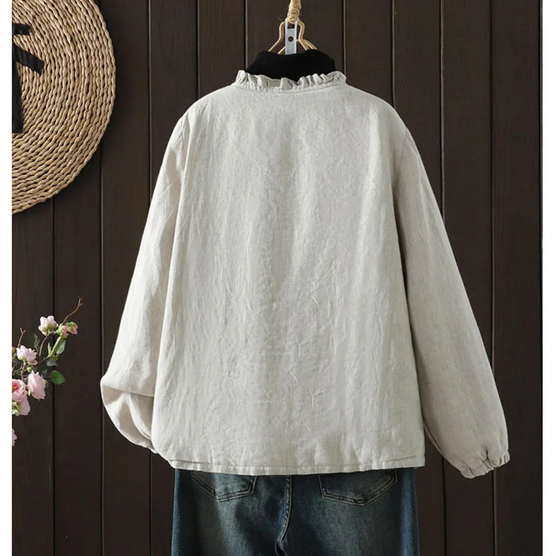 Literary Retro Cotton Linen Clip Cotton Collar Ms. Cotton-padded Jacket Winter Solid Color Simple Loose Casual Cotton-padded Coa