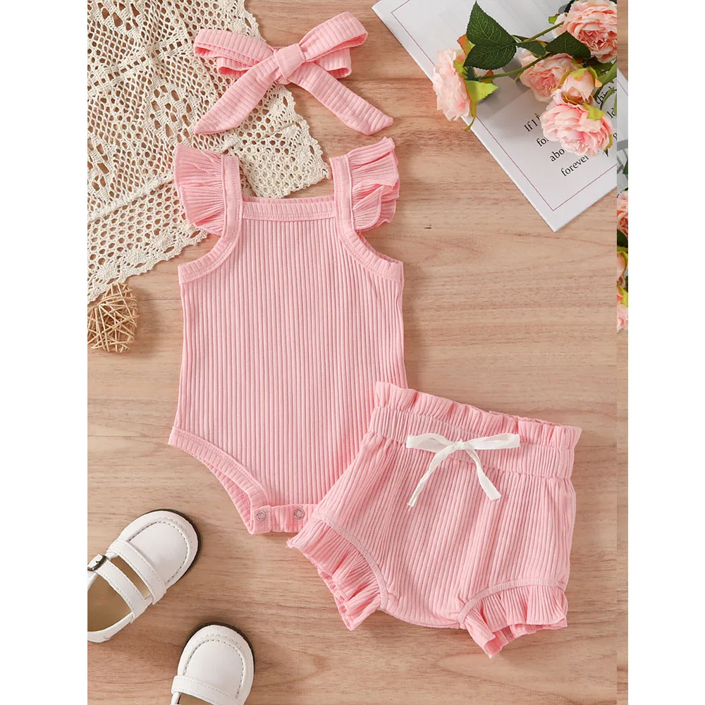 Customize Any Name Baby Summer Camisole Jumpsuit+Shorts Three Piece Embroidered Casual Girl Solid Color Pit Stripe Jumpsuit Set