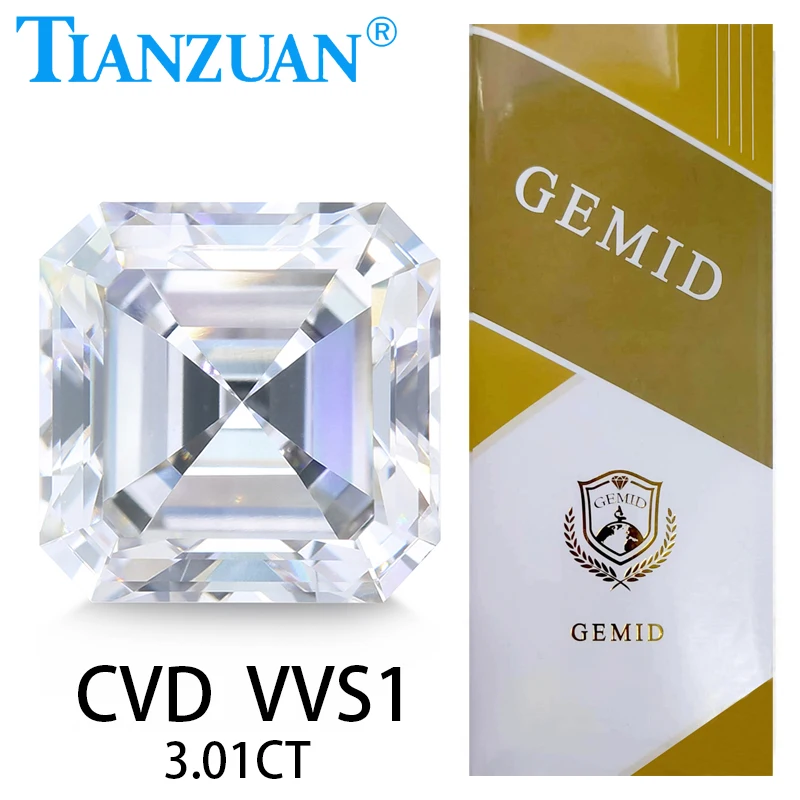 Asscher Cut Lab Grown Diamond CVD F/H Color VVS1 2EX  Loose Gemstone Bead with GEMID Certified