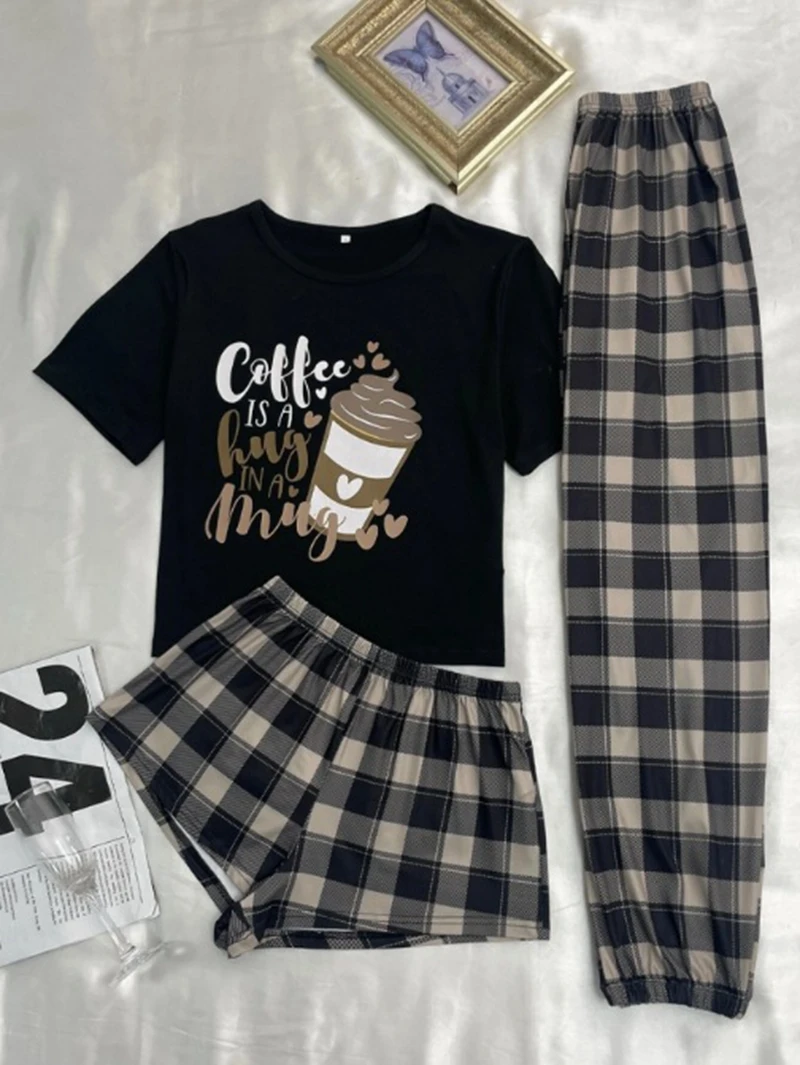 

Casual Black 3Pcs Pajama Set Short Sleeve Round Neck T-Shirt And Plaid Shorts Pants Comfortable Fit Women's Loungewear Sleepwear