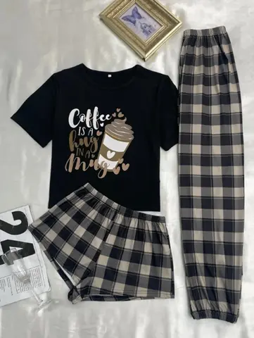 Casual Black 3Pcs Pajama Set Short Sleeve Round Neck T-Shirt And Plaid Shorts Pants Comfortable Fit Women's Loungewear Sleepwear