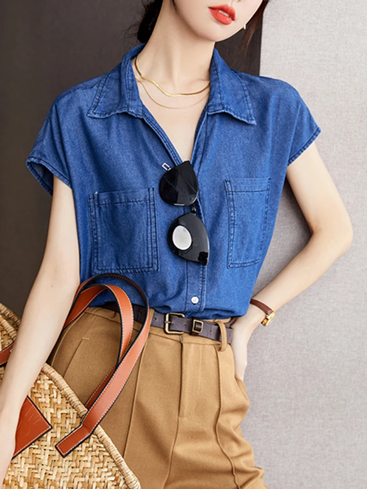 

Women Casual Denim Shirt 2024 New Summer Korean Style Basics Female Sleeveless Tops Shirts Fashion Commuting