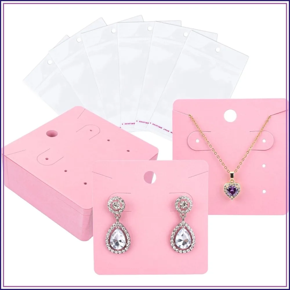 

100Pcs Pink Earring Display Cards with Bags - 2.95 In Square Jewelry Cards for Selling, Small Business, Craft Fair