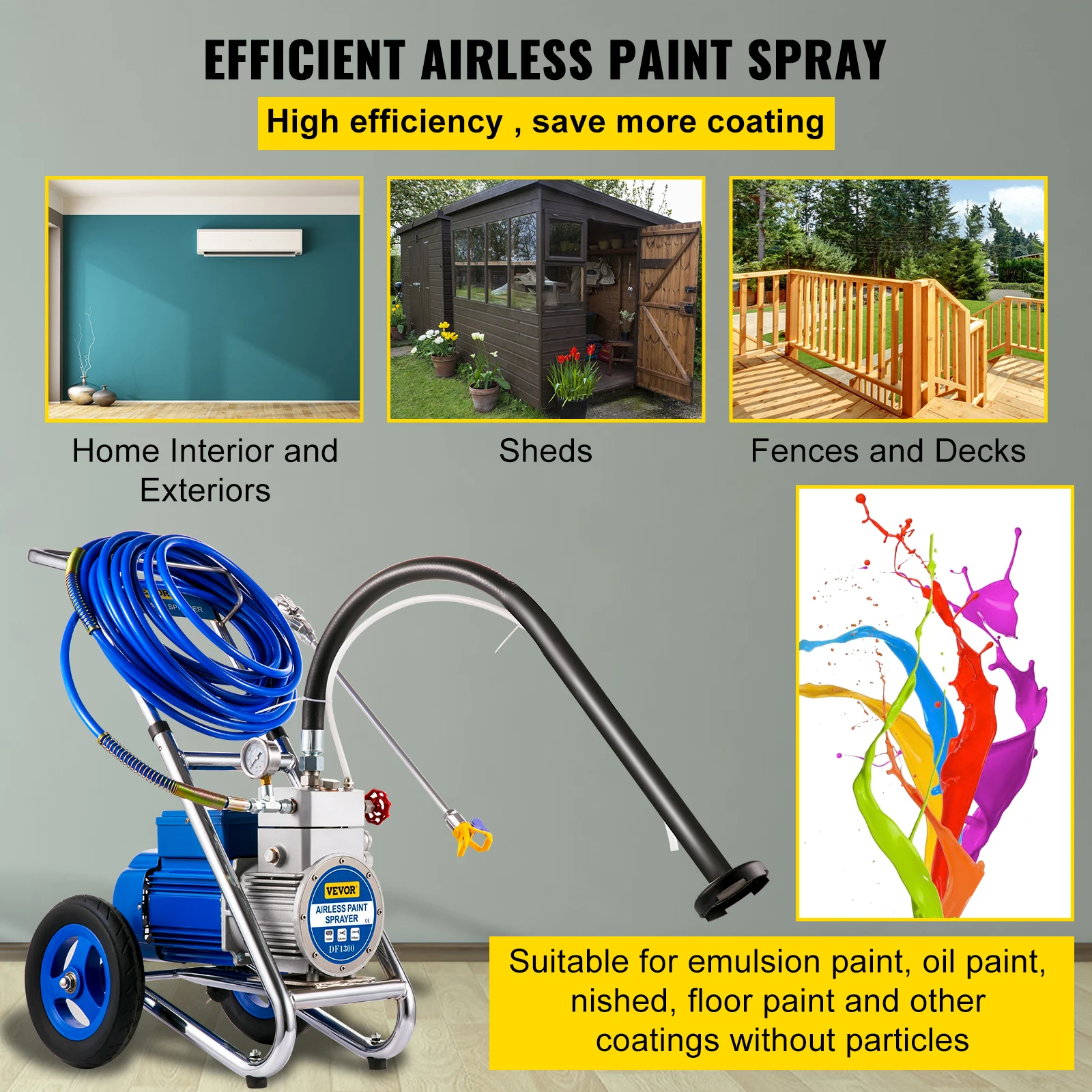 VEVOR Commercial Airless Paint Sprayer กับรถเข็น1500W 4L/Min ไฟฟ้าเครื่องจิตรกรรมสำหรับตกแต่งภายในบ้านผนังภายนอกพ่น