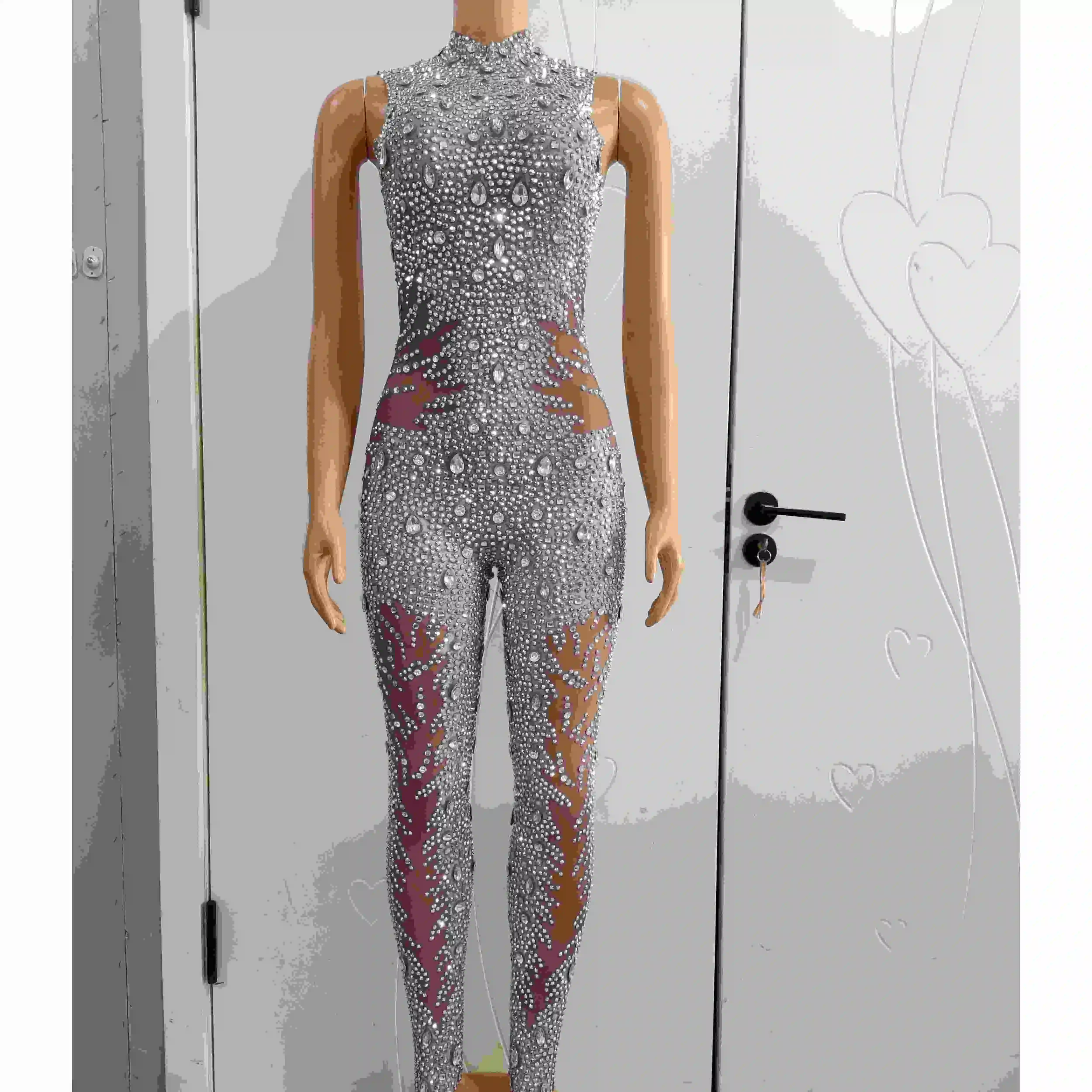 

Stretch Rhinestones Jumpsuit Pole Dance Costume Sleeveless Bodysuit Gogo Dancer Performance Wear Clubwear Party Clothing VDB7955