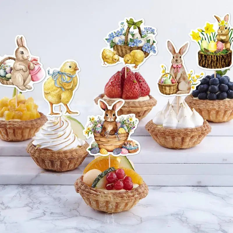 8Pcs Easter Rabbit Cake Toppers Cupcake Ornaments Cute Easter Bunny Dessert Topper Decor Kids Birthday Easter Party Decorations