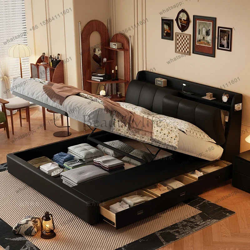 D33American Style Storage Bed Full Design Student Fashionable Single Multifunctional Bed Solid Wood Frame Lit Bedroom Furniture