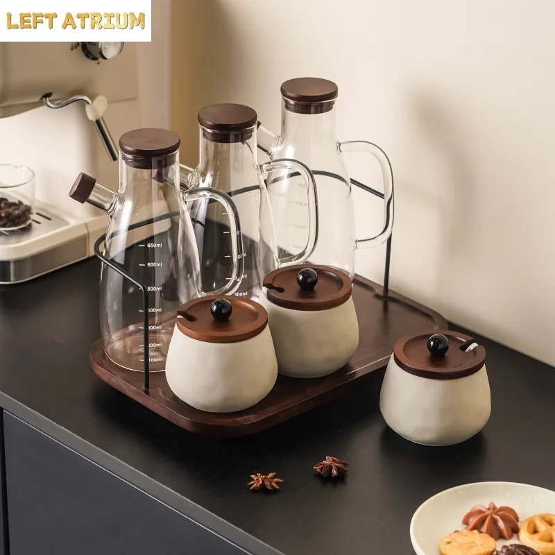 Japanese Style Household Seasoning Jar with Lid Spoon and Tray Kitchen Seasoning Salt Pepper and Sugar Container