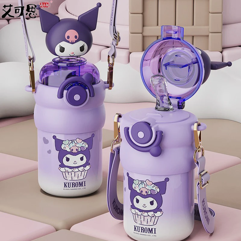 

Детский термос Sanrio, 550 мл, соломенные чашки для куклы с качающейся головой и подъемной веревкой, детская портативная бутылка для воды Hello Kitty Kuromi