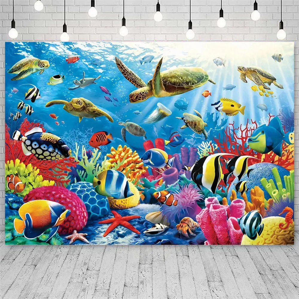 Underwater World Photography Backdrop Vibrant Turtle Fish Coral Seaweed Design for Summer Vacation Travel Room Mural