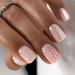 24 pçs brilhante pérola wearable unhas falsas curto quadrado falso prego simples verão imprensa em unhas destacável cobertura completa dicas de unhas