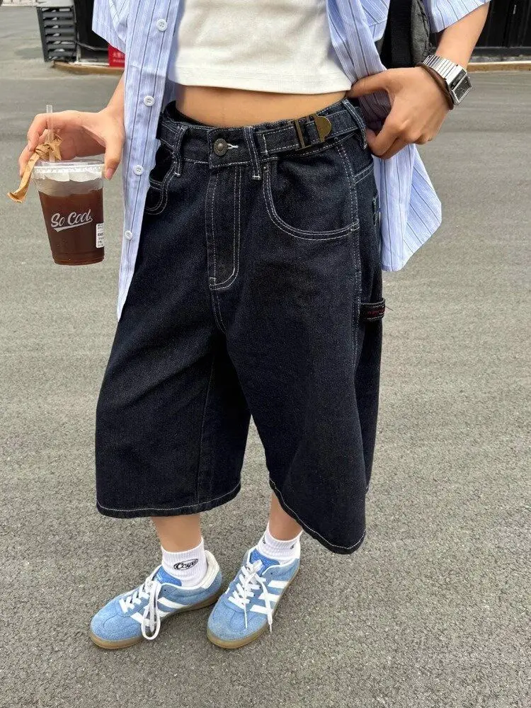 

ADAgirl Denim Shorts Women High Waisted Harajuku Vintage Baggy Do Old Belt Straight Wide Leg Jeans Y2k Causal Half Pants Summer