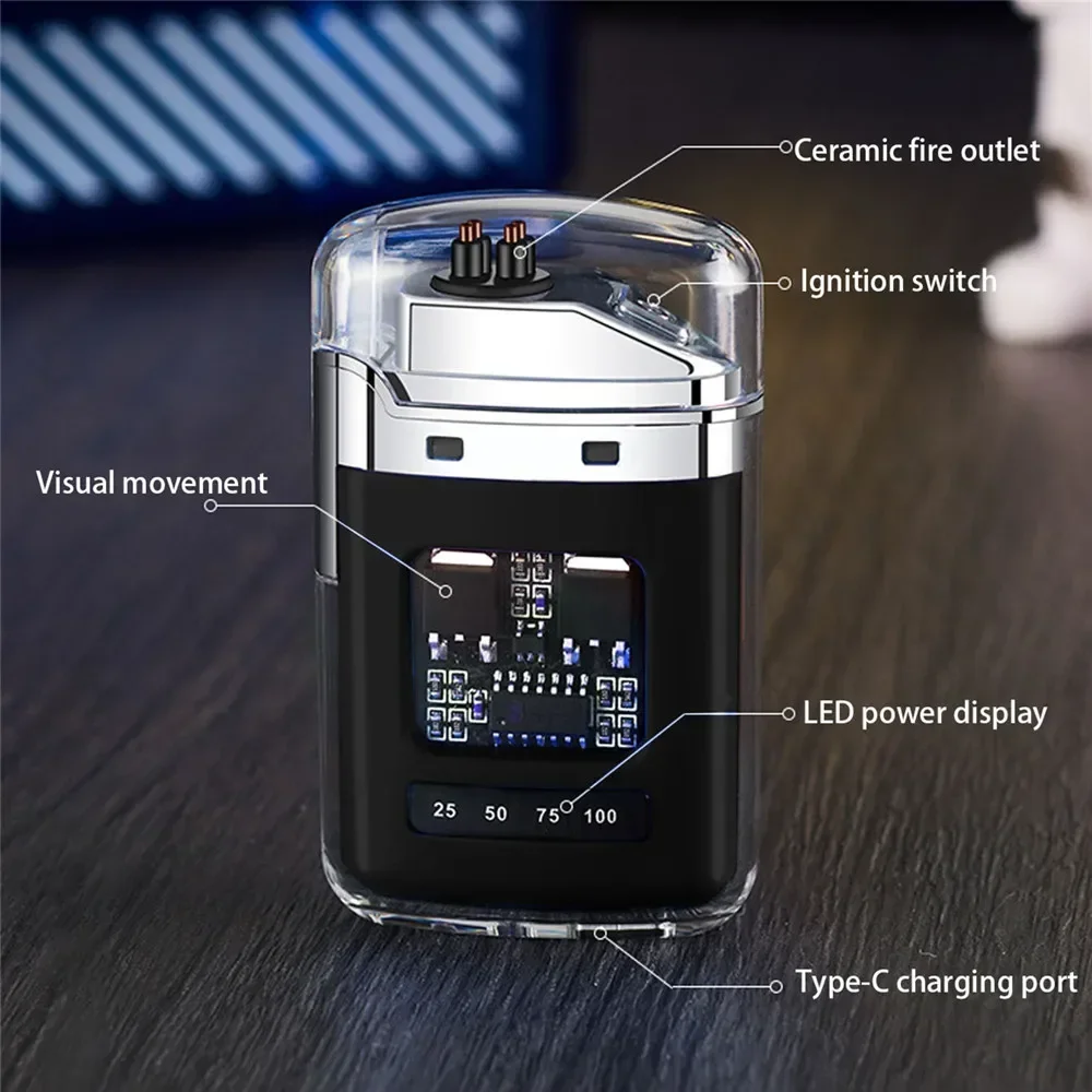 New Electronic Pulse Lighter Transparent Body Power Display Dual Arc Type C Rechargeable Windproof Plasma Lighter Smoking Gift