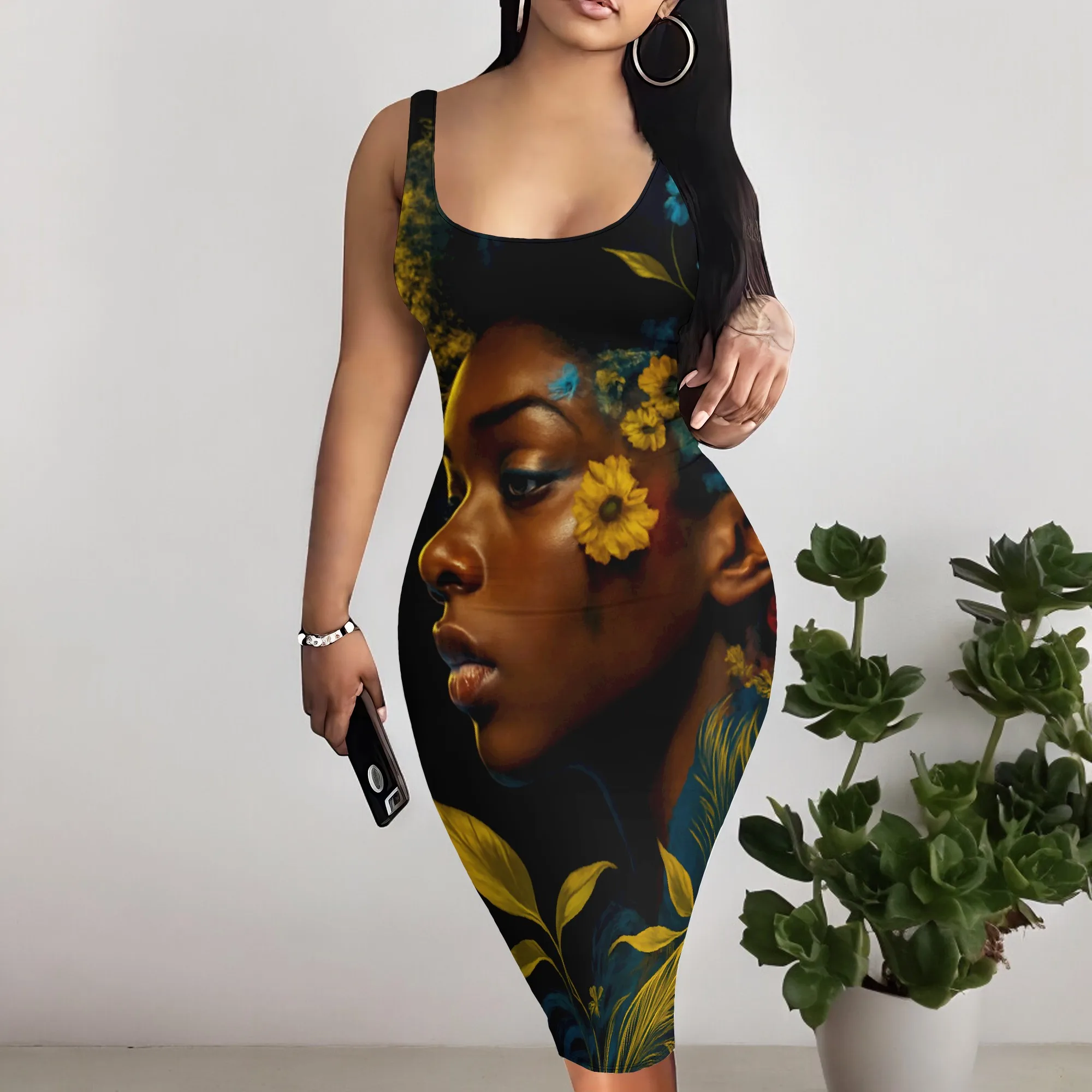 

Afro Art Bodycon Midi Dress S-3XL – Sleeveless Cultural Print Sexy Dress for Women Juneteenth or Artistic Street Party Look