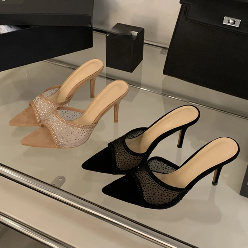 Aneikeh 지적 발가락 메쉬 라인 석 슬리퍼 우아한 여성 발 뒤꿈치 야외 여름 뮬 스틸레토 힐 샌들 Chanclas Mujer