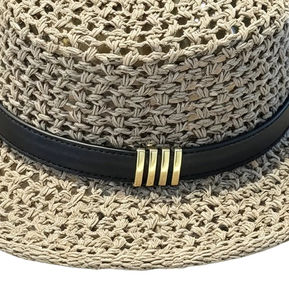 Vacation Sun Hat Flat Top Knitted Straw Hat with Imitation Leather Strap Wide Brim Sun Protection Breathable Hollow Weave Summer