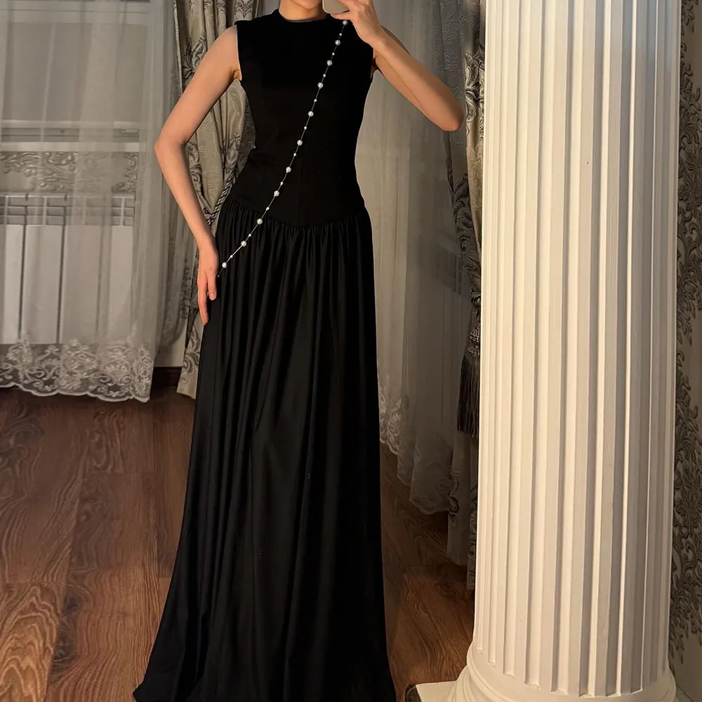 

Customized A-Line Prom Dresses Floor-Length High-Neck Sleeveless Evening Gown Fashion Beading Simple Draped Casual party Gown
