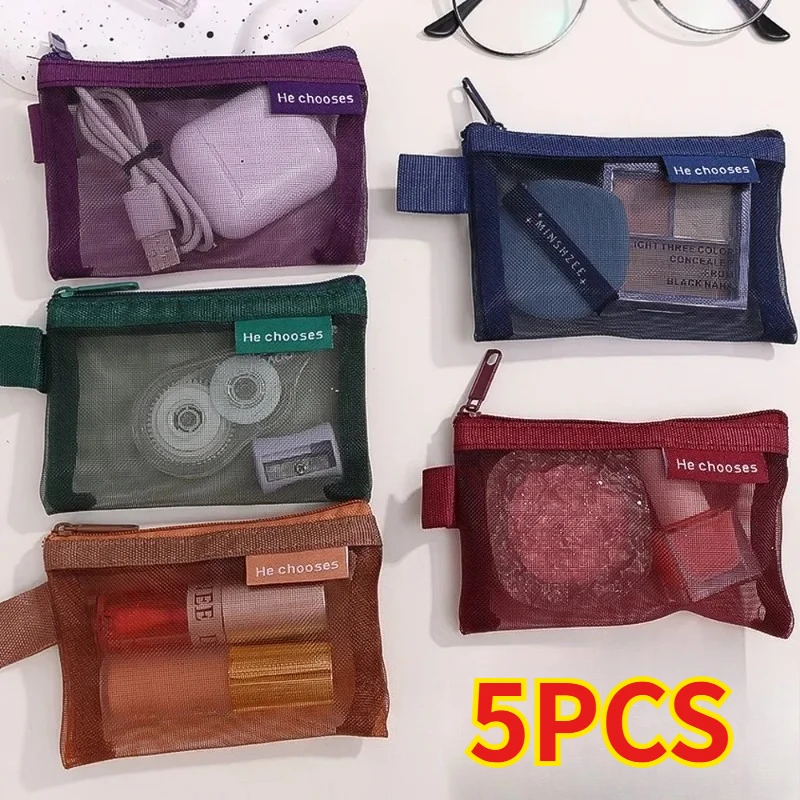 5PCS Mini Square Mesh Storage Bag Cable Holder Zipper Travel