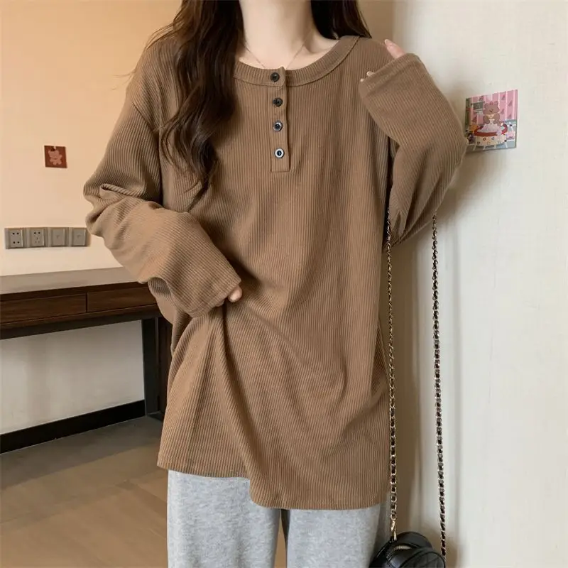 Casual Simplicity Bottoming Top Spring Autumn New Long Sleeve O-neck Loose Solid Color T Shirts Fashion Korean Women Clothing