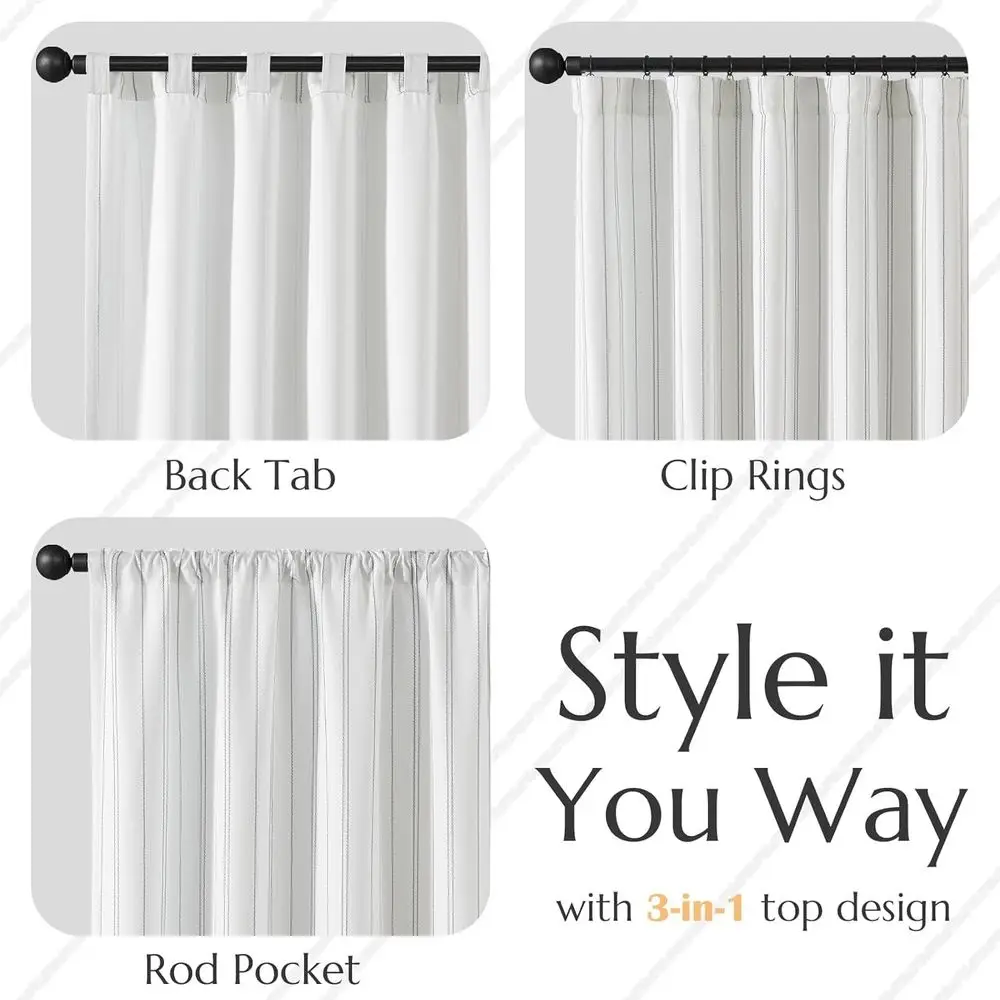 Modern Linen-Style Grey Striped Curtains, 96 Length, Privacy & Light Filtering, Back Tab, 2-Panel Set for Living Room & Bedroom