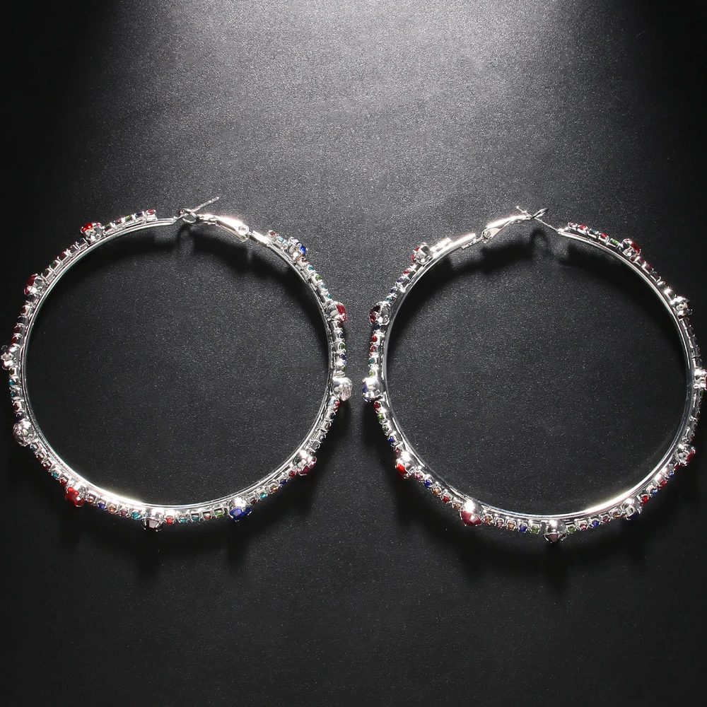 Colorful Rhinestone Hoop Earrings Large for Women Luxury Piercing BoBo Accessories Statement Crystal Earrings 2023 Trend Jewelry