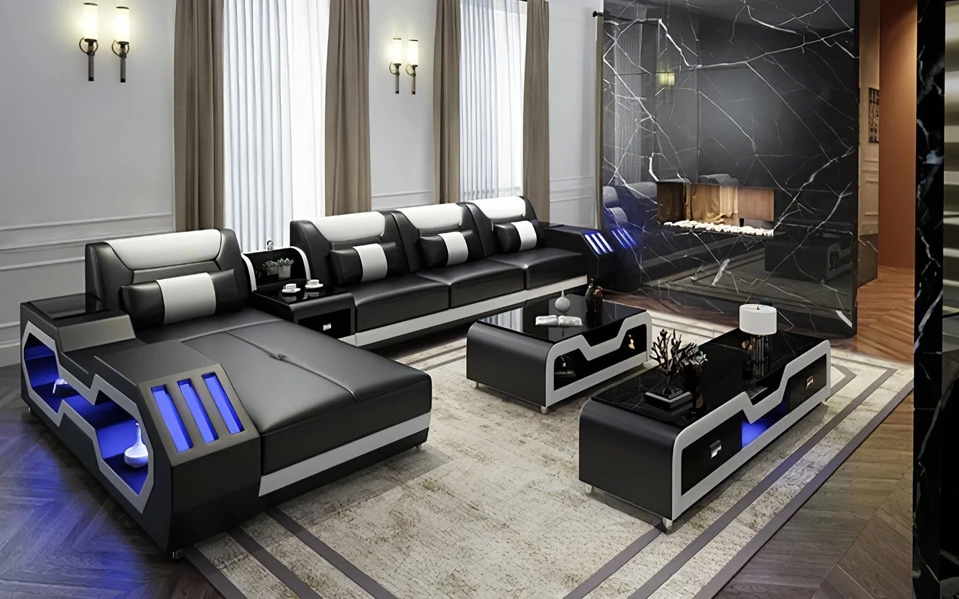 

LED Lighted Sofa Set with Recliner, Speaker & USB Ports | Genuine Leather Sectional Couch with Console & Adjustable Headrests