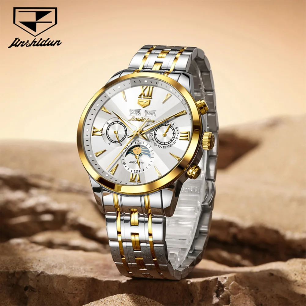

JINSHIDUN 8860 Brand original authentic fashion business stainless steel multifunctional luminous men's mechanical watch