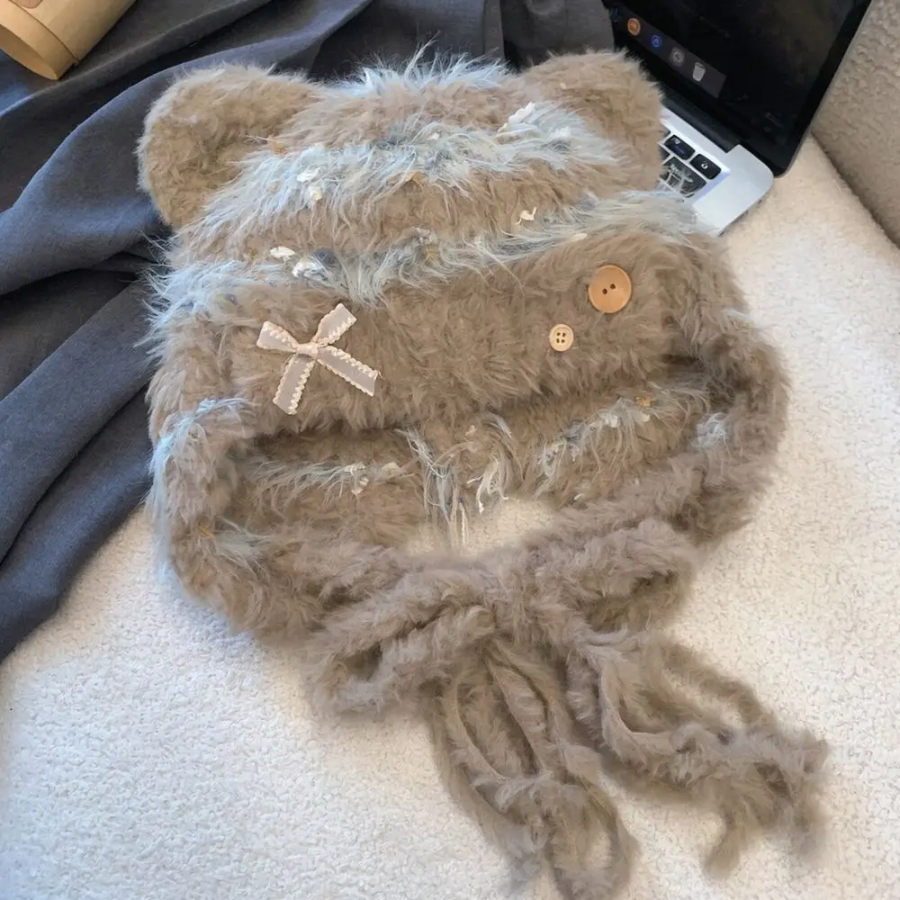 Womens Winter Plush Cat Ear Hat Soft Adjustable Warm Earflap Cap Decorative Bowknot Sweet Style Trendy Fuzzy Headwear