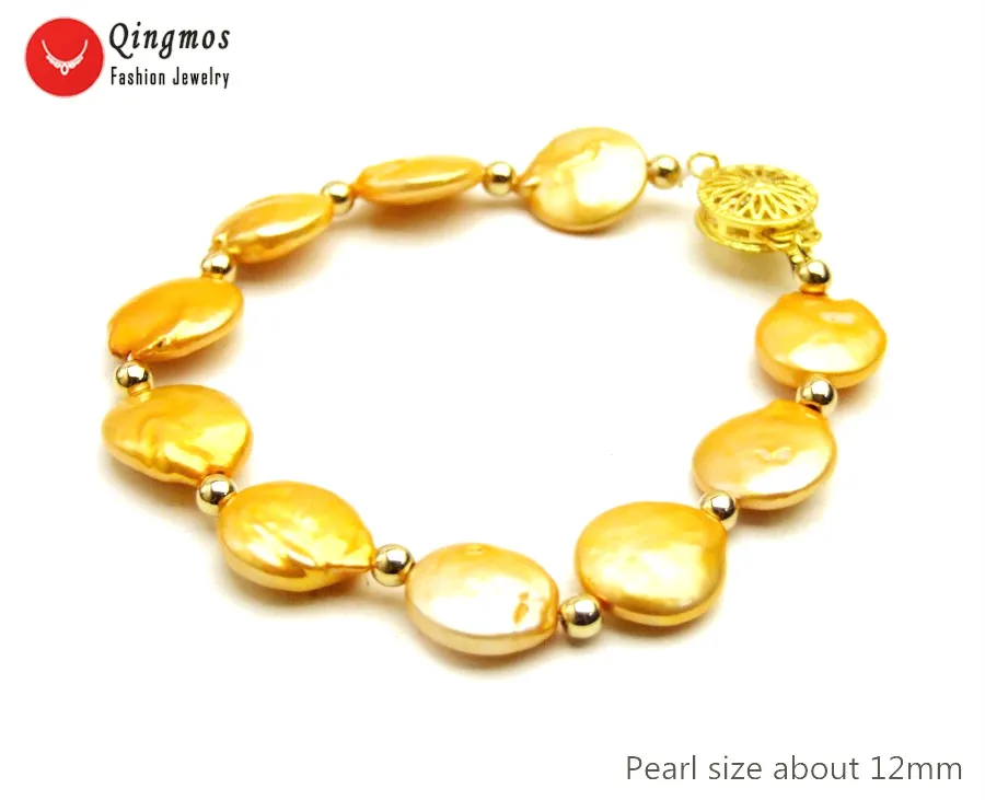 

Qingmos Trendy Natural Pearl Bracelets for Women with Orange 12-13mm Coin Round Freshwater Pearl Bracelet Fine Jewelry 7.5" b465