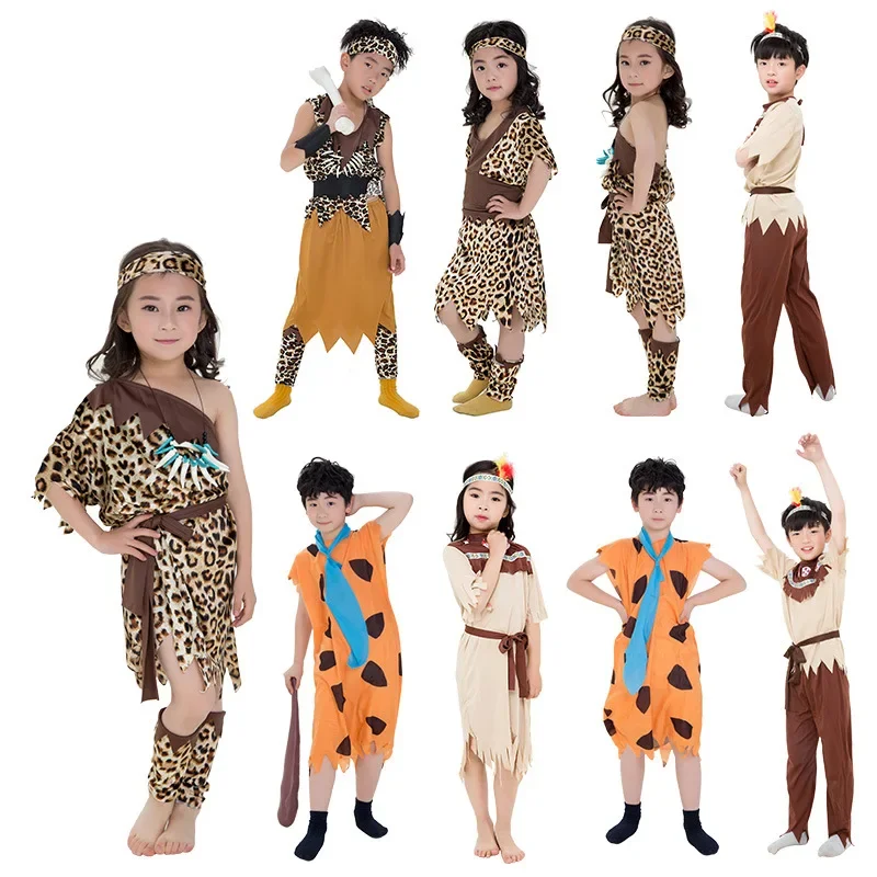 Indians Outfit Primitive People Halloween Costumes For Boy Gilr Kids Family Clothing Performance Show Fancy Party