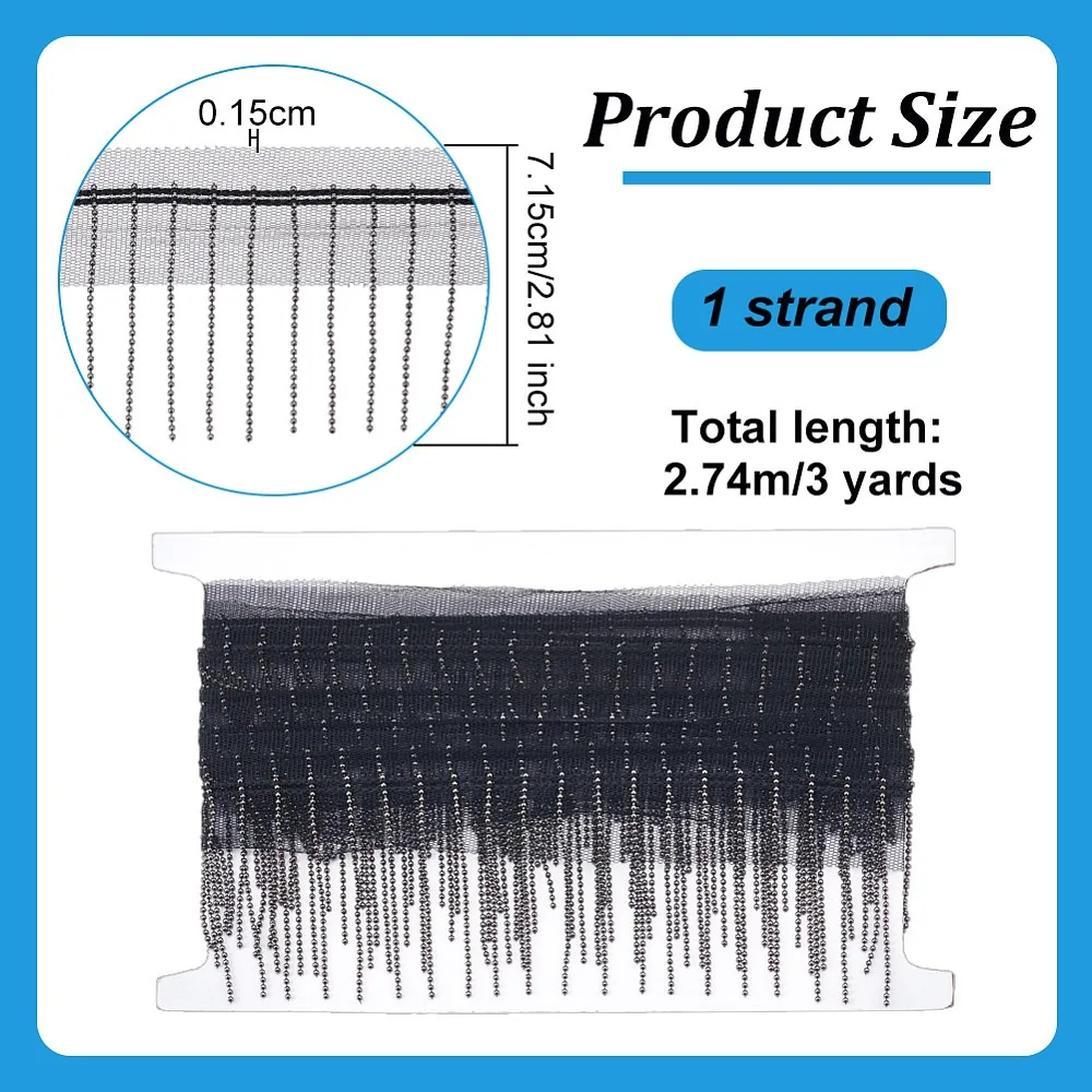 Polyester Lace Trims Iron Chain Beaded Fringed Tassel Lace Trim for Clothes Bags Shoes Hats Decoration Black 2-3/4 inch(71.5mm)