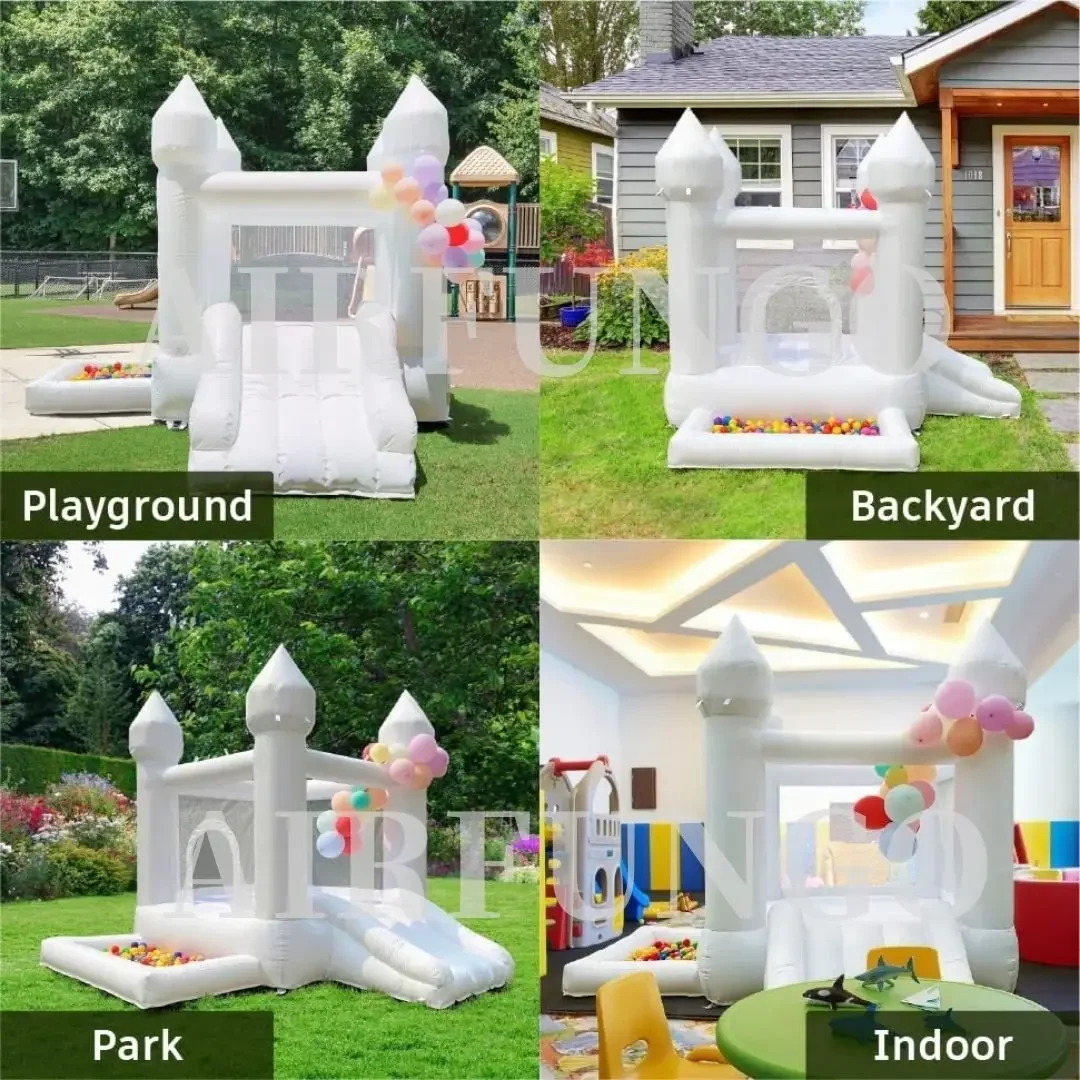 Casa inflable de rebote blanca para fiesta de niños, 9x9x7 pies, con tobogán y piscina de bolas, personalización, castillo inflable Oxford, incluye soplador