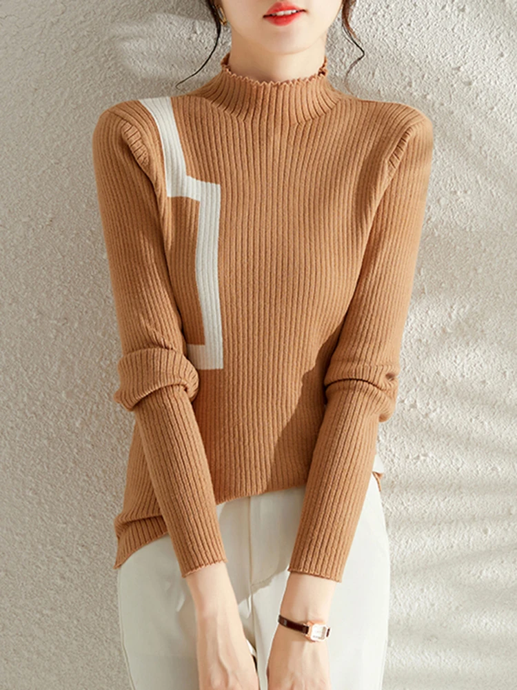 Turtleneck Sweater For Women 2023 Autumn Contrast Color Knitted Tops Long Sleeve Slim Pullovers Sweaters Female Winter Clothes