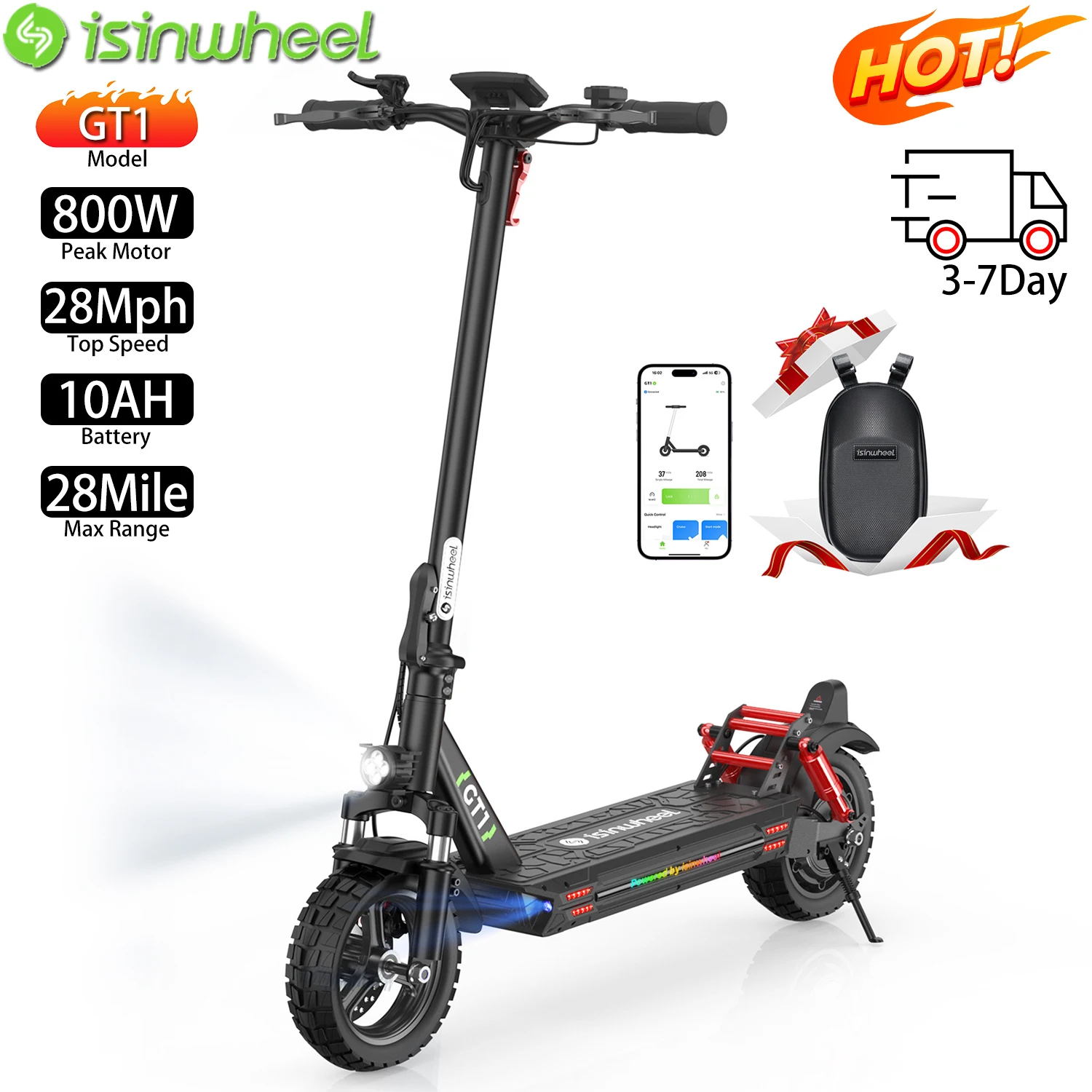

Electric Scooter Foldable Isinwheel GT1 10" With 800W Motor Top Speed 28Mph E-Scooter For Adult 10AH Range 28Miles Load 330Ibs