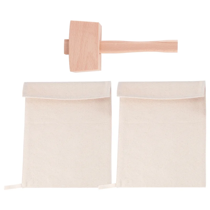 Pack of 2 Bags and 1 Piece Ice Mallet Set-Reusable Canvas Crushed Ice Bags with Wooden Mallet for Home Bar