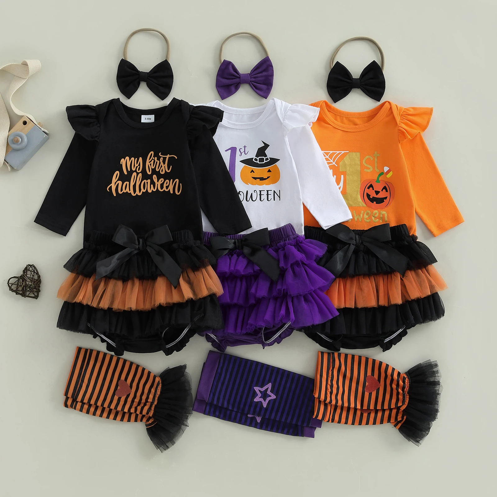 

Lioraitiin Baby Girl Halloween Clothes Sets Long Sleeve Letters Pattern Romper with Tulle Skort with Headband and Stockings