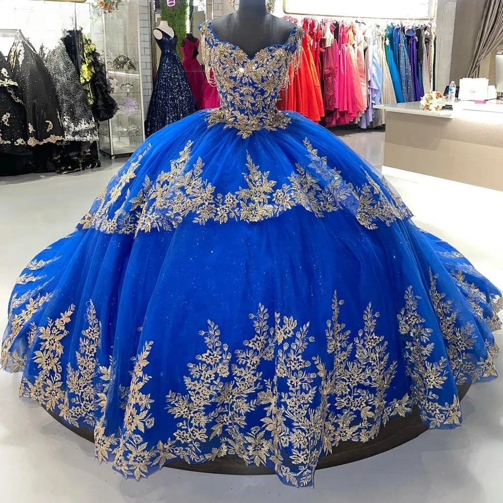 Vestidos de Quinceañera de Charro Azul Real, vestido de baile, escote Corazón, apliques de tul, dulce mexicano 16, 15 años