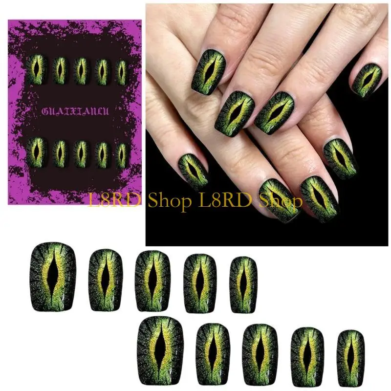 L8RD 30Pcs Short Press On Square False with Devil Eye and Shimmery Designs Glossy Glues On for Women