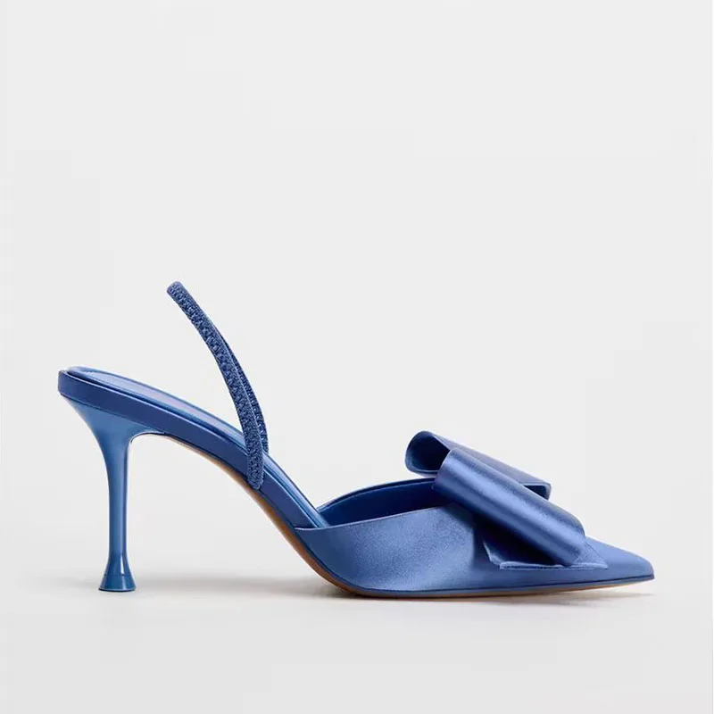 TRAF French Blue Bow tacchi alti per donna elegante punta a spillo Slingbacks donna tessuto di raso sandali con tacco sottile scarpe