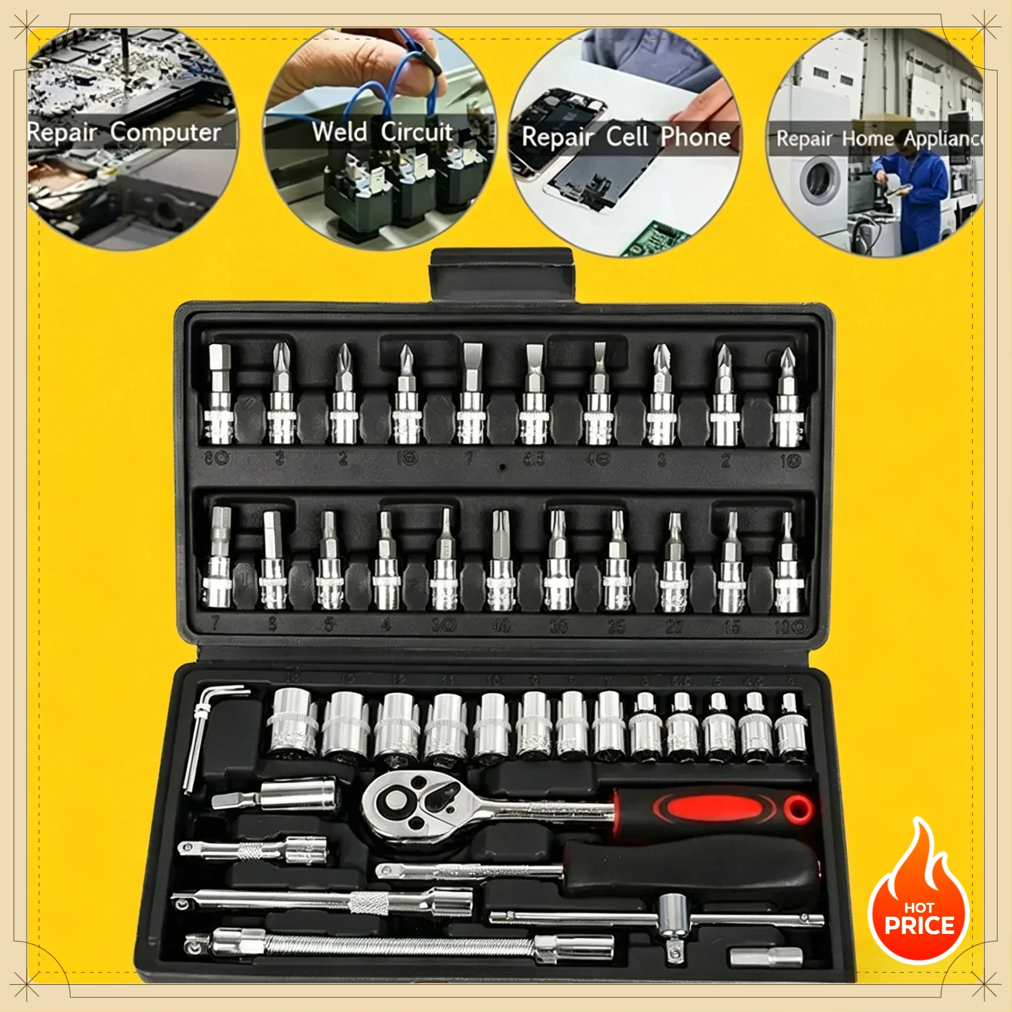 46 PCS Metric Socket Wrench Set 1/4-Inch Drive Ratchet Wrench Portable Auto Mechanical Repair Tools