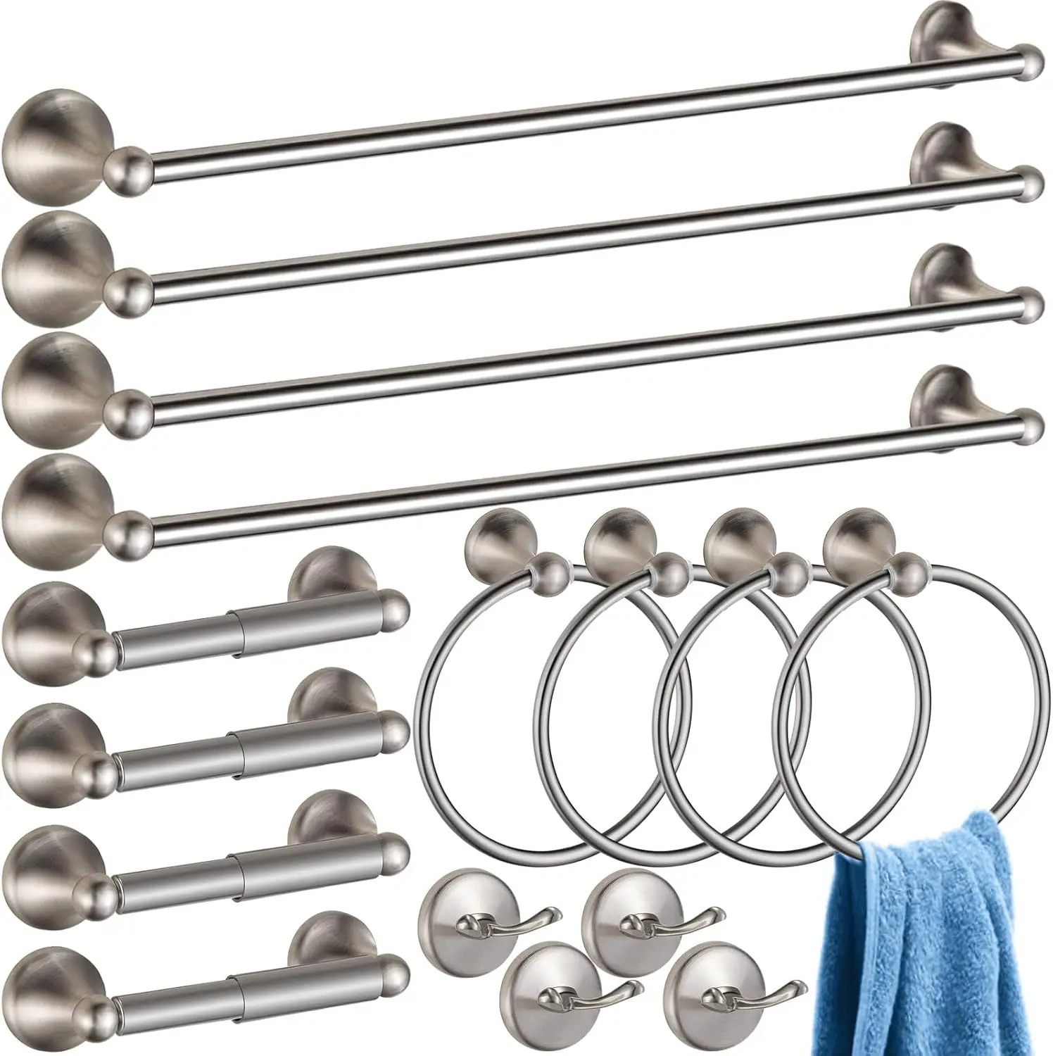 

16-Pcs Bathroom Set. Adjustable Towel Bar Kit. Stainless Steel. Racks, Ring, Hooks. Wall-Mounted. Silver.