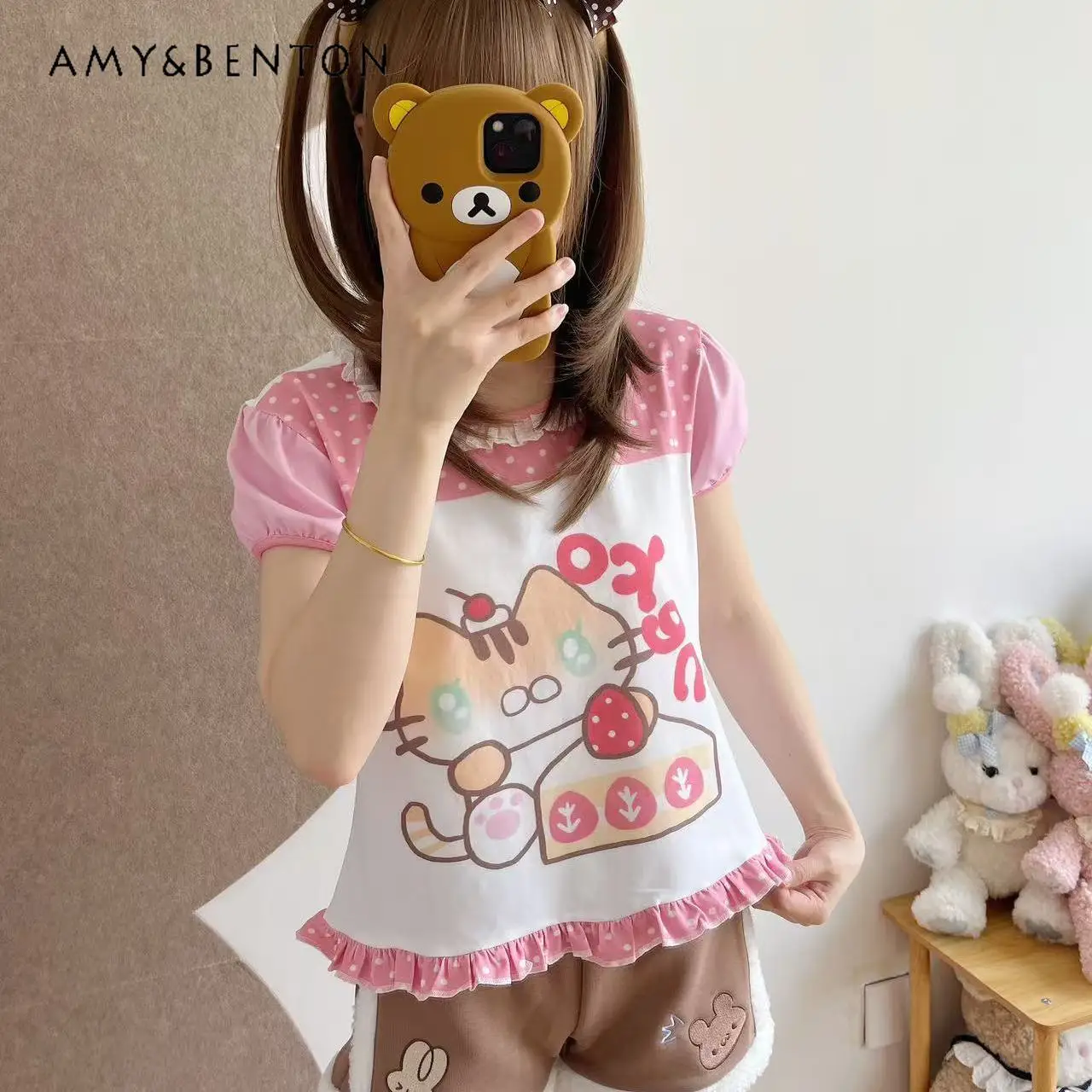 

Kawaii милые комплекты платьев для девочек, летние милые платья в горошек с мультяшным принтом, футболка с пышными рукавами и рюшами, облегающее платье с пышными бретелями, наряды