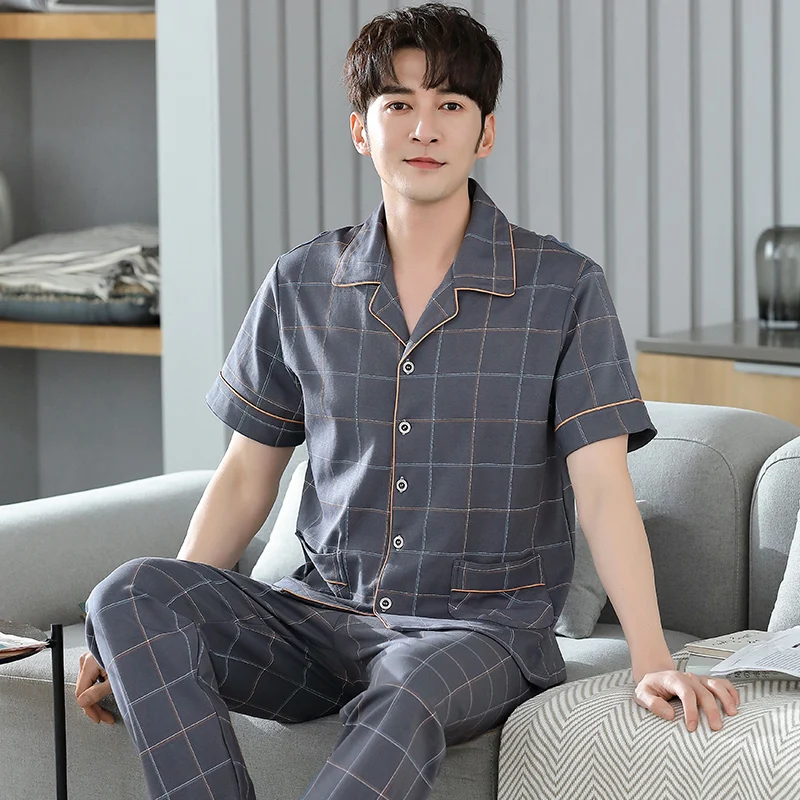 Knit cotton summer men's checkered pajamas short sleeved long pants cardigan big yards L-3XL large men's home clothing set