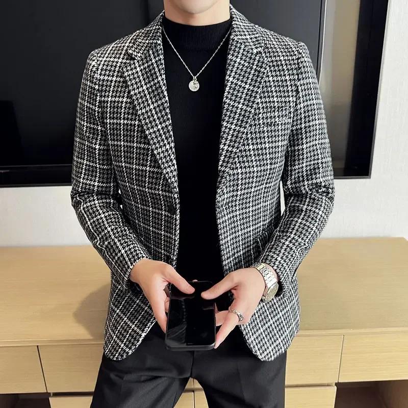 

Korean Plaid Woolen Suit Jacket Men British style Slim Fit Casual Business Dress Blazers Social Office Streetwear Men Clothing