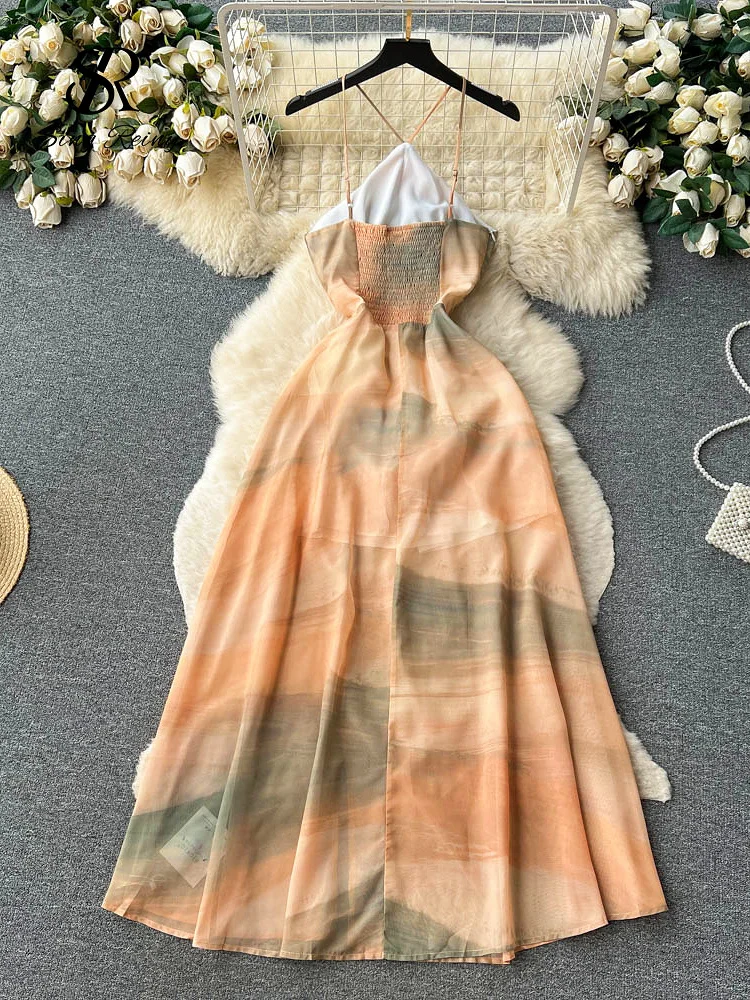 SINGREINY Summer Print Chiffon Long Dress Women Halter Elastic A Line Split Sexy Sundress Korean Tie Dye Backless Beach Dress