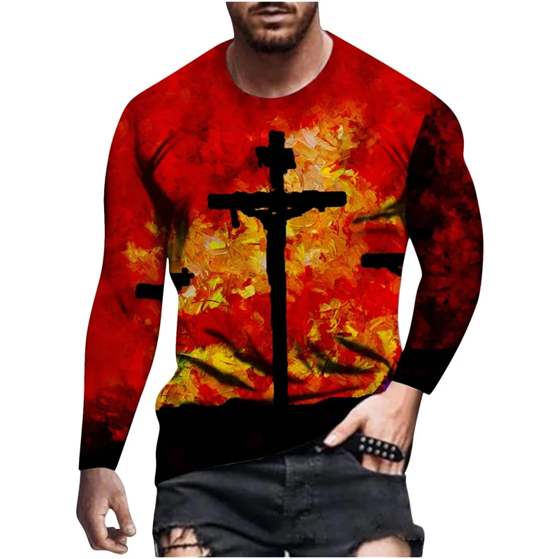 Jesus Cross 3D Print T-Shirts Men's Round Neck Long Sleeve T Shirt Streetwear Harajuku Y2k Hip Pop Street Wear Tops Mens Clothes