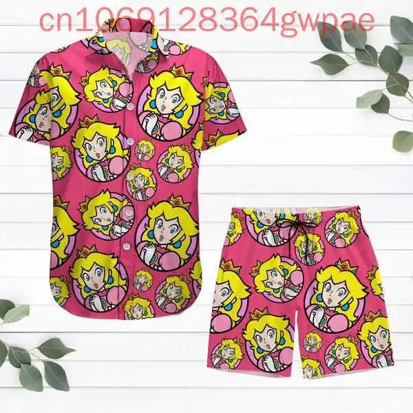 Super Mario Princess Peach Hawaiian Shirt Shorts Set Summer Men's Women's Casual Short Sleeve Beach Shirt Shorts Two-Piece Set