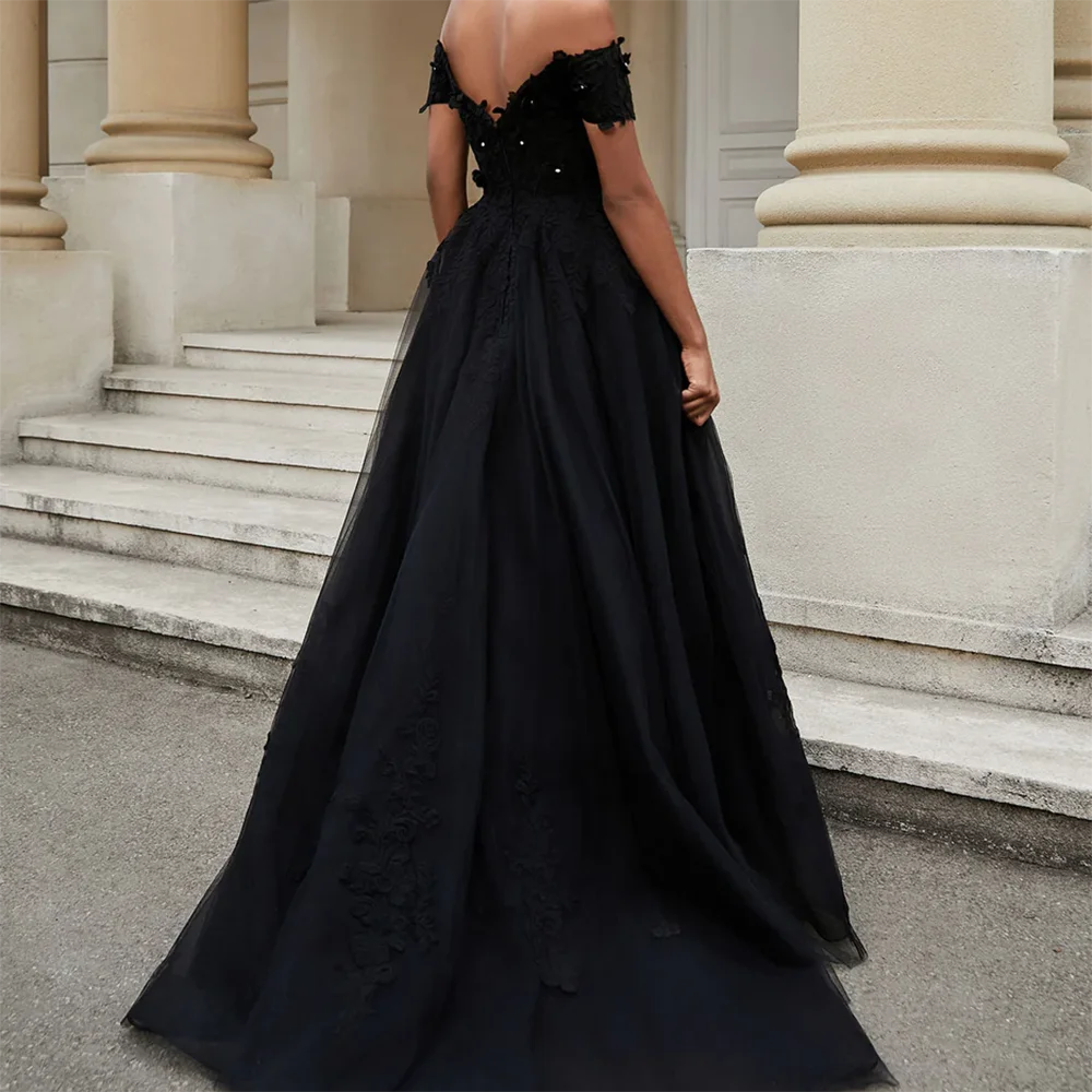Robe de soirée trapèze noire classique, épaules dénudées, plis de perles, robes de bal formelles pour fête d'anniversaire, personnalisées