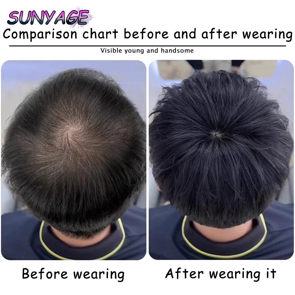 SUNYAGE Synthetic Men\'s Wig Thick Toupee with Around Hair Replacement System Prosthetic Hair Wig Male Pieces For Men Baldness